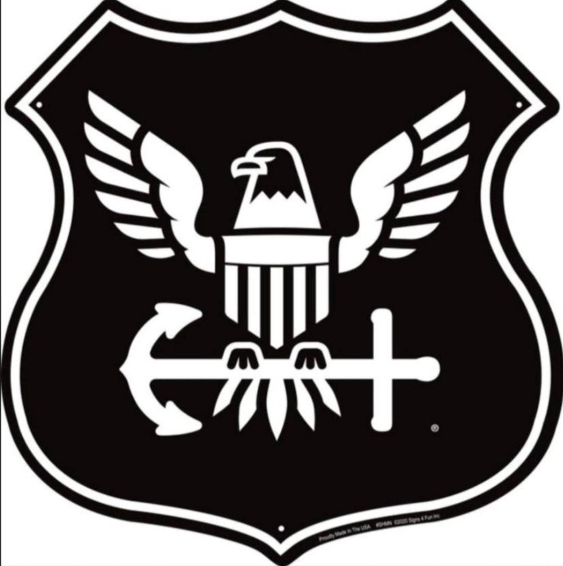 United States Navy embossed aluminum shield sign featuring an eagle, shield, and anchor design, 12 inch diameter.