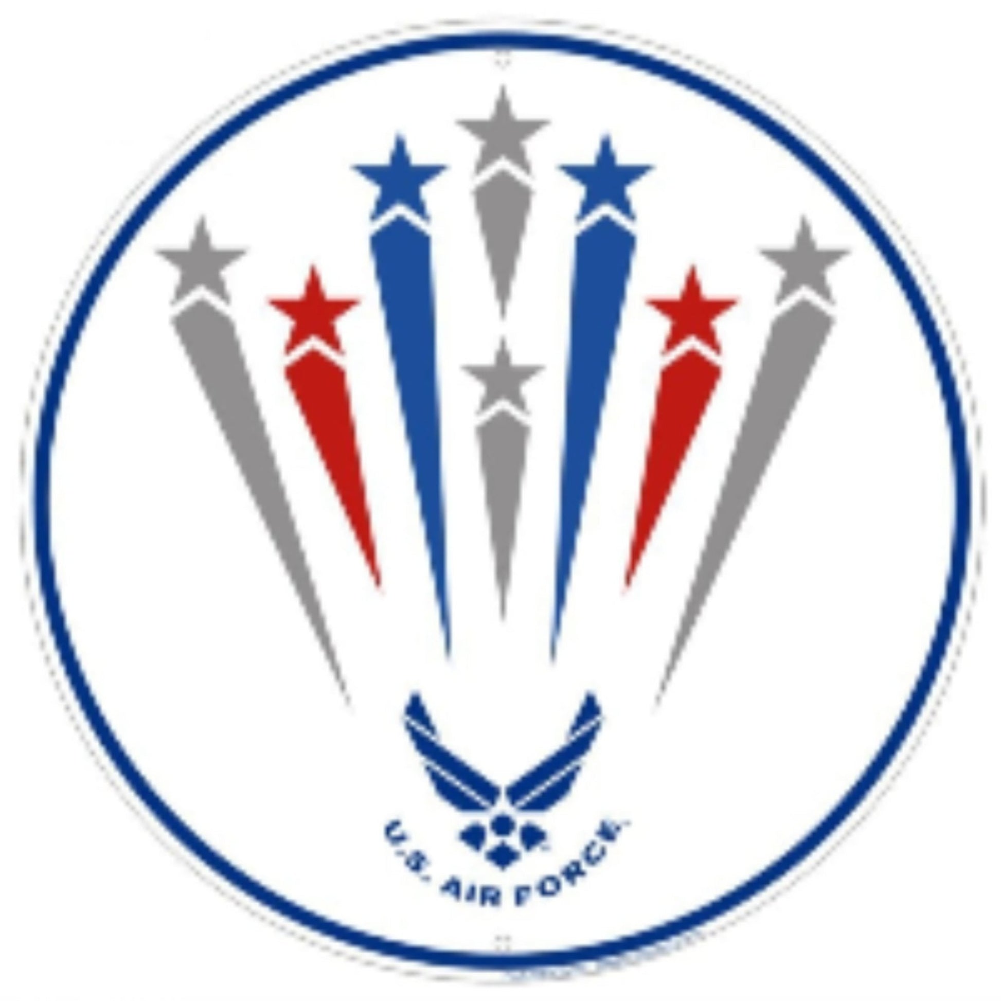 U.S. Air Force Hap Arnold Wings embossed round aluminum sign with a starburst-style commemorative design, 12 inch diameter.