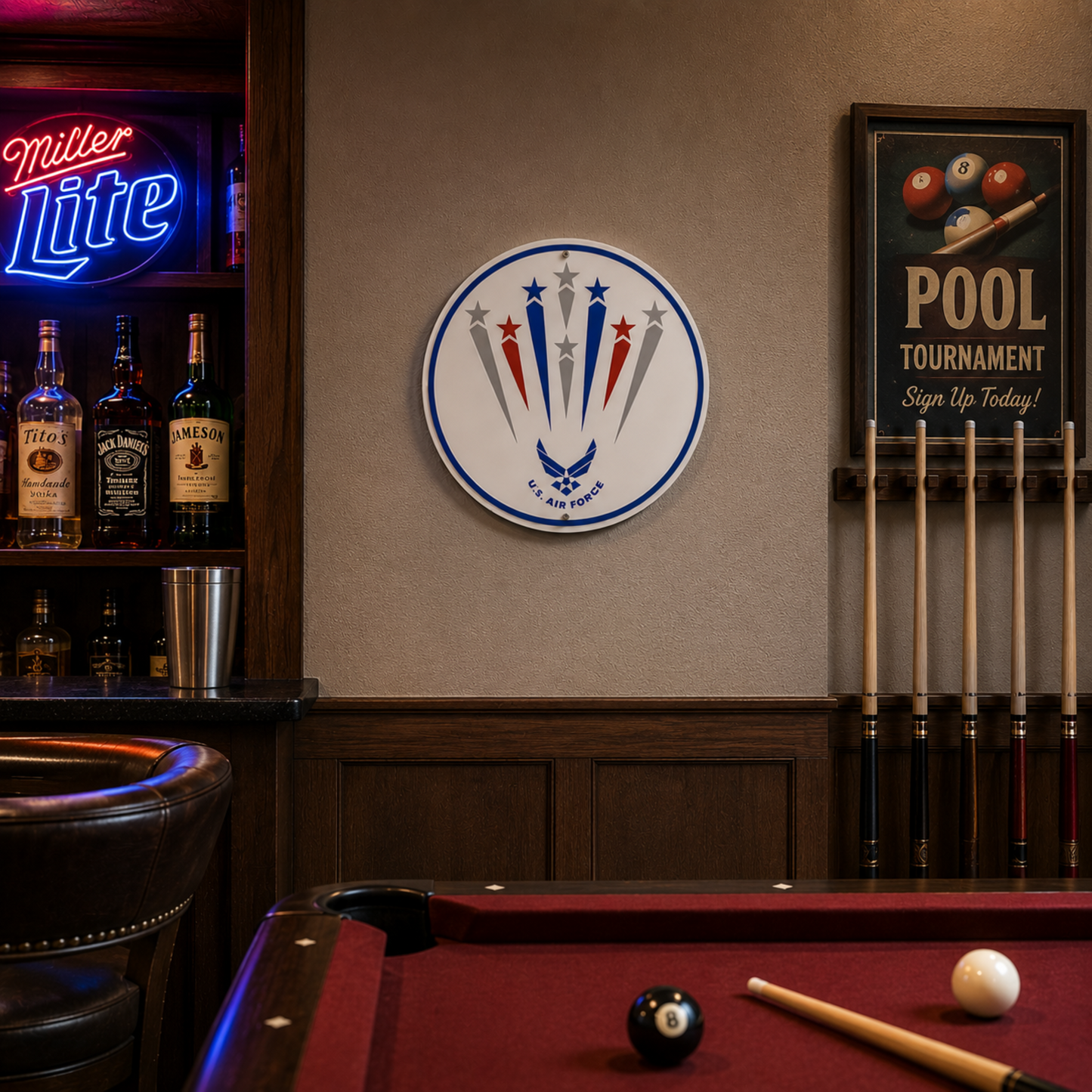 U.S. Air Force Hap Arnold Wings sign displayed above a pool table in a home bar.