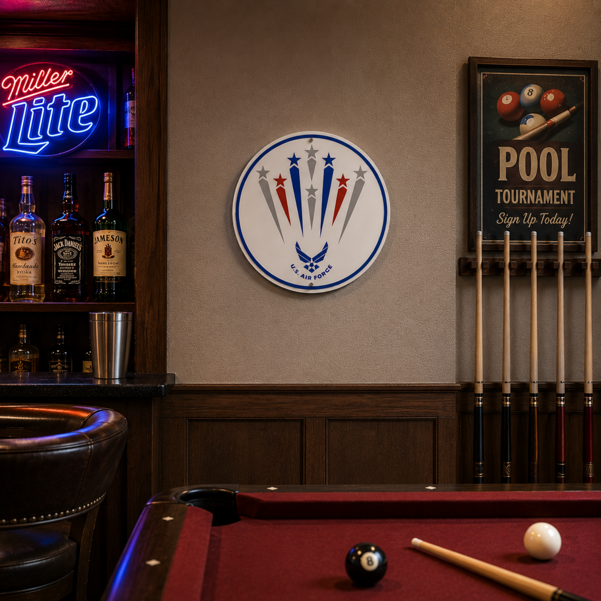 U.S. Air Force Hap Arnold Wings sign displayed above a pool table in a home bar.