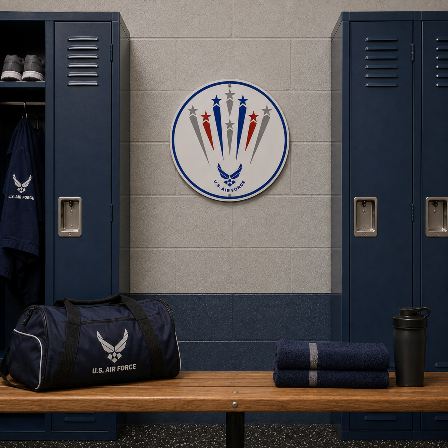 U.S. Air Force Hap Arnold Wings sign displayed between blue military lockers.