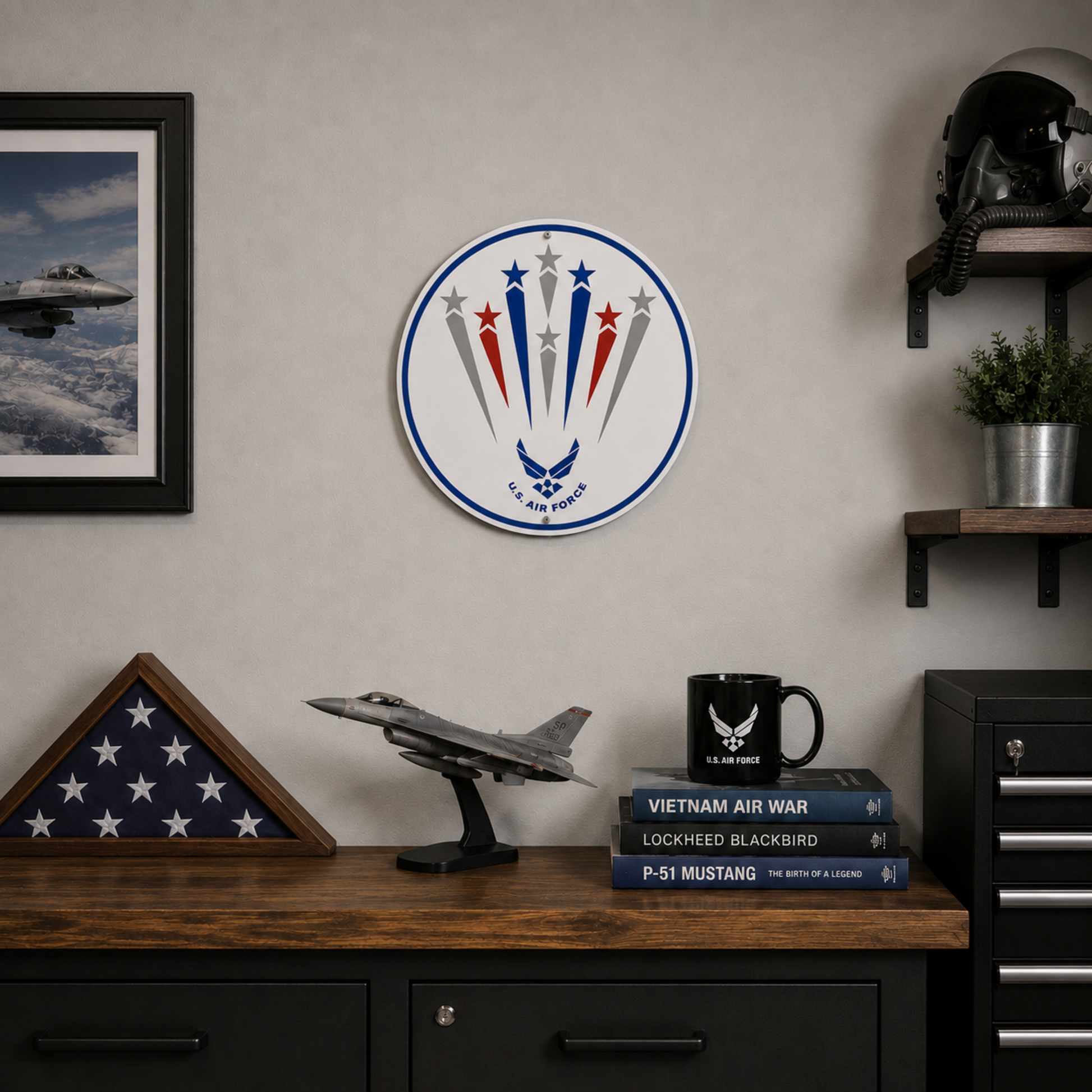 U.S. Air Force Hap Arnold Wings sign displayed in a veteran aviation office with aircraft decor.