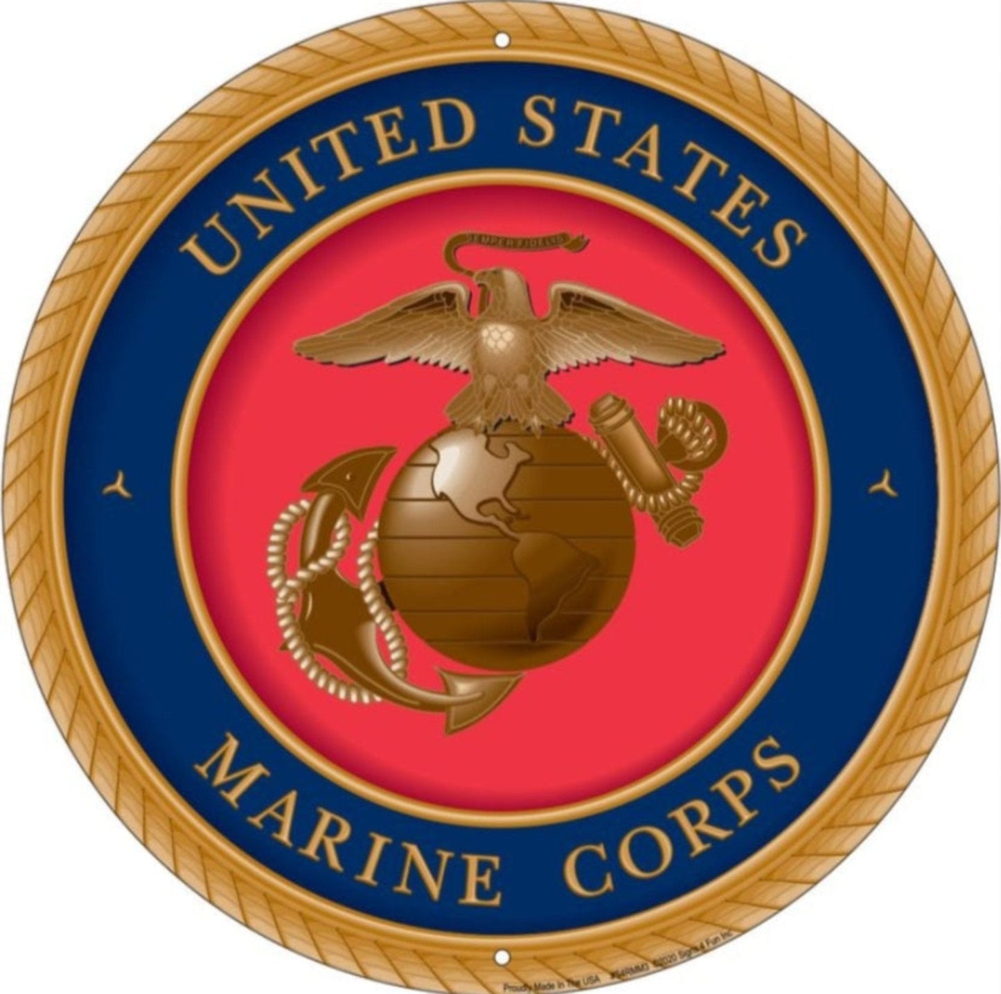 United States Marine Corps Eagle, Globe & Anchor embossed round aluminum sign, 12 inch diameter.