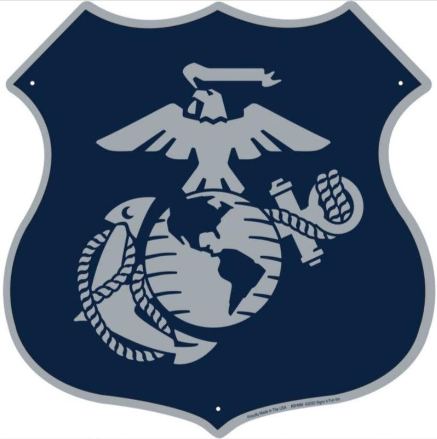 U.S. Marine Corps embossed aluminum shield sign featuring the Eagle, Globe and Anchor emblem in navy blue and silver, 12 inch size.