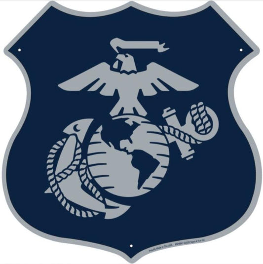 U.S. Marine Corps embossed aluminum shield sign featuring the Eagle, Globe and Anchor emblem in navy blue and silver, 12 inch size.