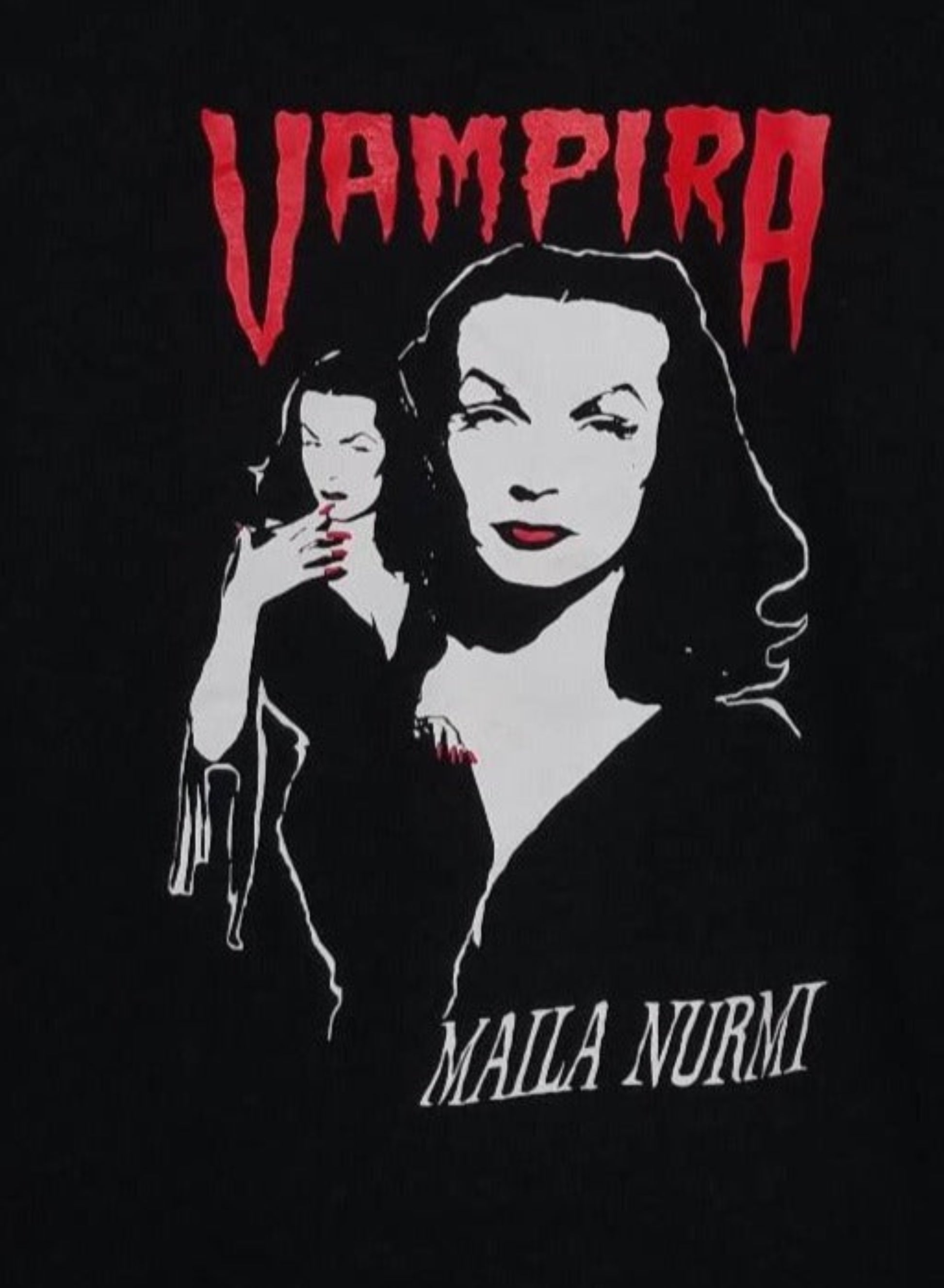 Vampira Maila Nurmi gothic horror graphic T-shirt featuring classic black and red design on unisex shirt S–3XL
