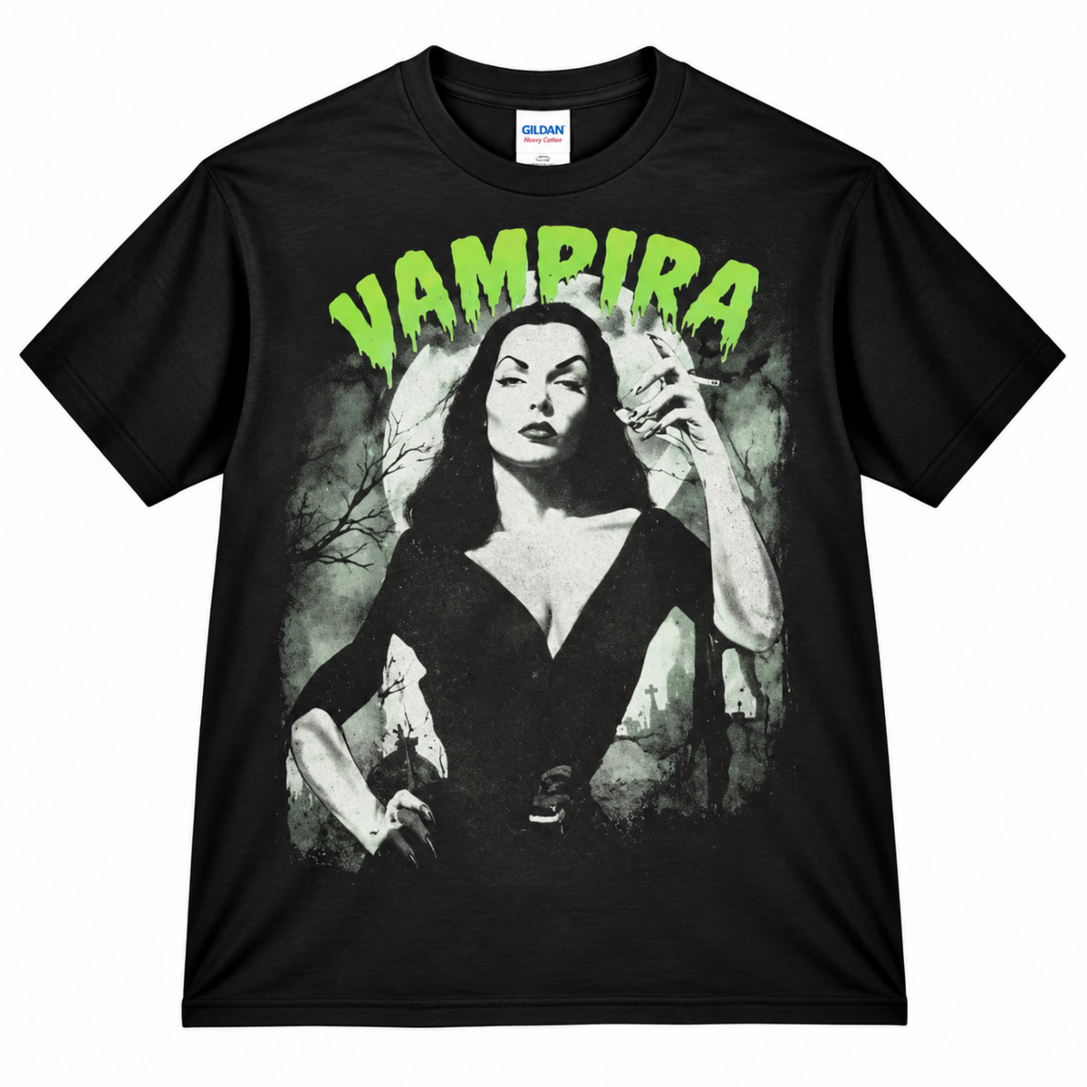 Black Vampira The Glamour Ghoul graphic T-shirt featuring her classic black-and-white portrait with long dark hair and bold green VAMPIRA lettering.