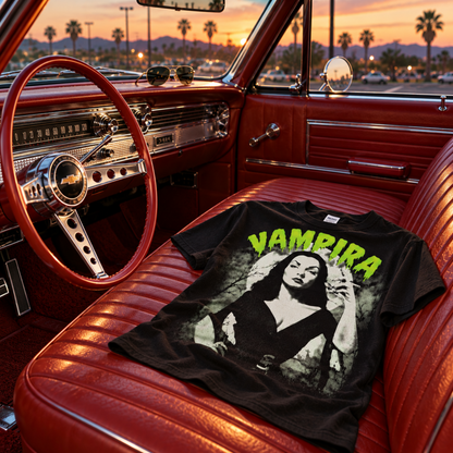 Vampira The Glamour Ghoul black T-shirt displayed across the red interior of a vintage Chevrolet at sunset, featuring her portrait and bright green VAMPIRA lettering.