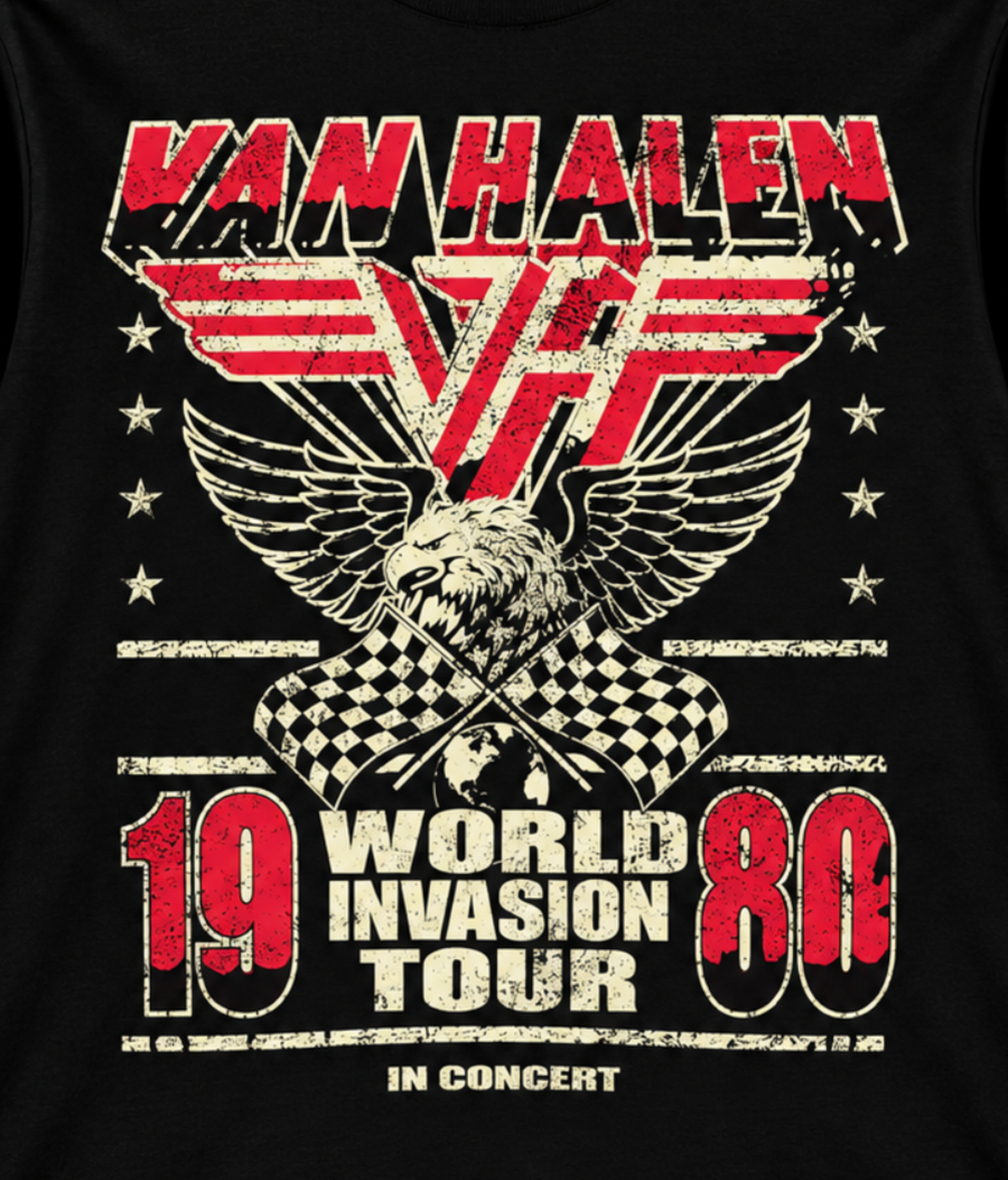 Close-up of the Van Halen 1980 World Invasion Tour black T-shirt with the winged VH emblem, eagle and distressed print—a strong pick for Van Halen collectors.