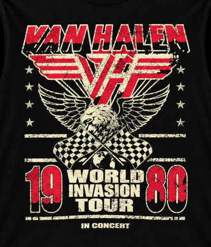 Close-up of the Van Halen 1980 World Invasion Tour black T-shirt with the winged VH emblem, eagle and distressed print—a strong pick for Van Halen collectors.