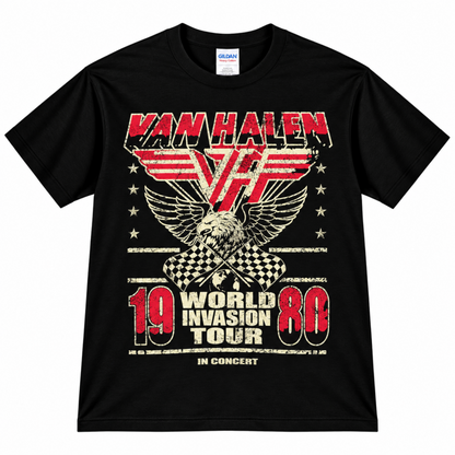 Van Halen 1980 World Invasion Tour black T-shirt with the winged VH emblem and eagle graphic—a standout shirt for classic hard rock fans.