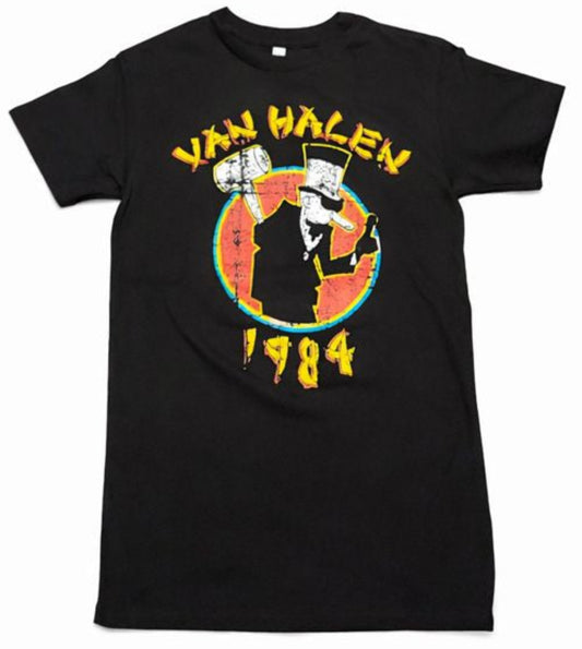 Black “Van Halen 1984” T-shirt featuring colorful distressed album artwork with vintage-inspired graphic design.