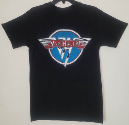 Black unisex “Van Halen” T-shirt featuring the band’s classic red, white, and blue logo design — rock music apparel for men and women, sizes Small–2XL.