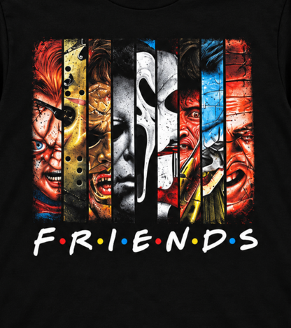 Close-up of the Villain Friends shirt with Chucky, Jason, Leatherface, Michael Myers, Ghostface, Freddy and Pennywise above F·R·I·E·N·D·S lettering.