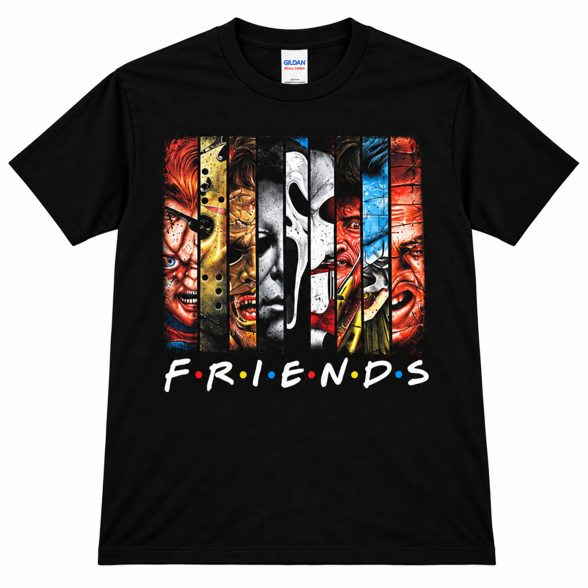 Black Villain Friends graphic T-shirt featuring split faces of Chucky, Jason, Leatherface, Michael Myers, Ghostface, Freddy Krueger and Pennywise.