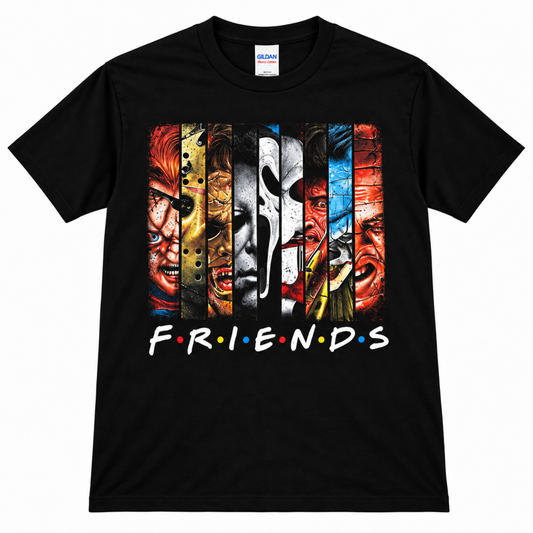 Black Villain Friends graphic T-shirt featuring split faces of Chucky, Jason, Leatherface, Michael Myers, Ghostface, Freddy Krueger and Pennywise.