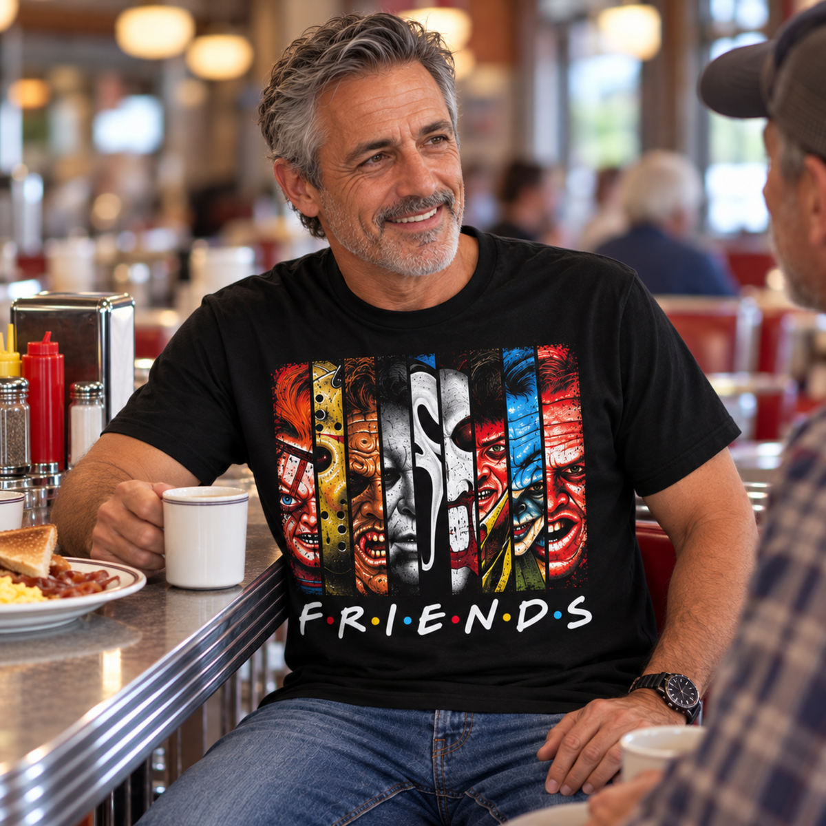 Man wearing the Villain Friends black graphic T-shirt while seated at a diner counter, featuring the seven split faces of Chucky, Jason, Leatherface, Michael Myers, Ghostface, Freddy and Pennywise.