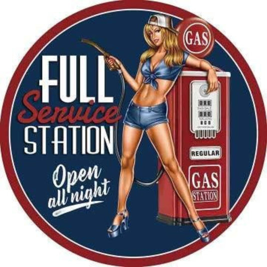 Vintage Gas Station Pin-Up domed metal sign for garage wall décor.
