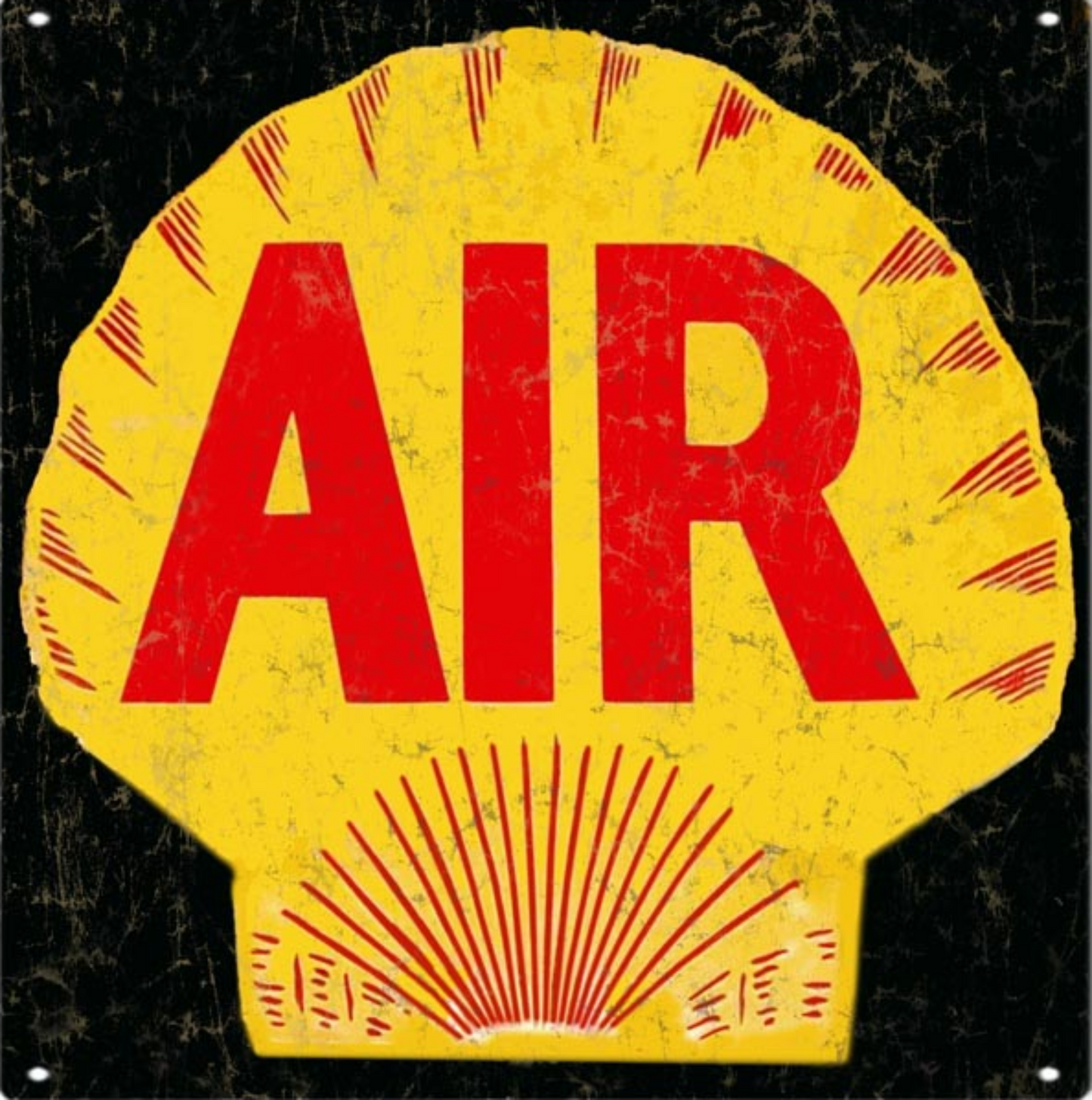 Vintage Shell AIR aluminum metal sign featuring the classic Shell scallop logo with distressed red-and-yellow artwork inspired by 1930s and 1940s service stations.