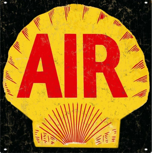 Vintage Shell AIR aluminum metal sign featuring the classic Shell scallop logo with distressed red-and-yellow artwork inspired by 1930s and 1940s service stations.