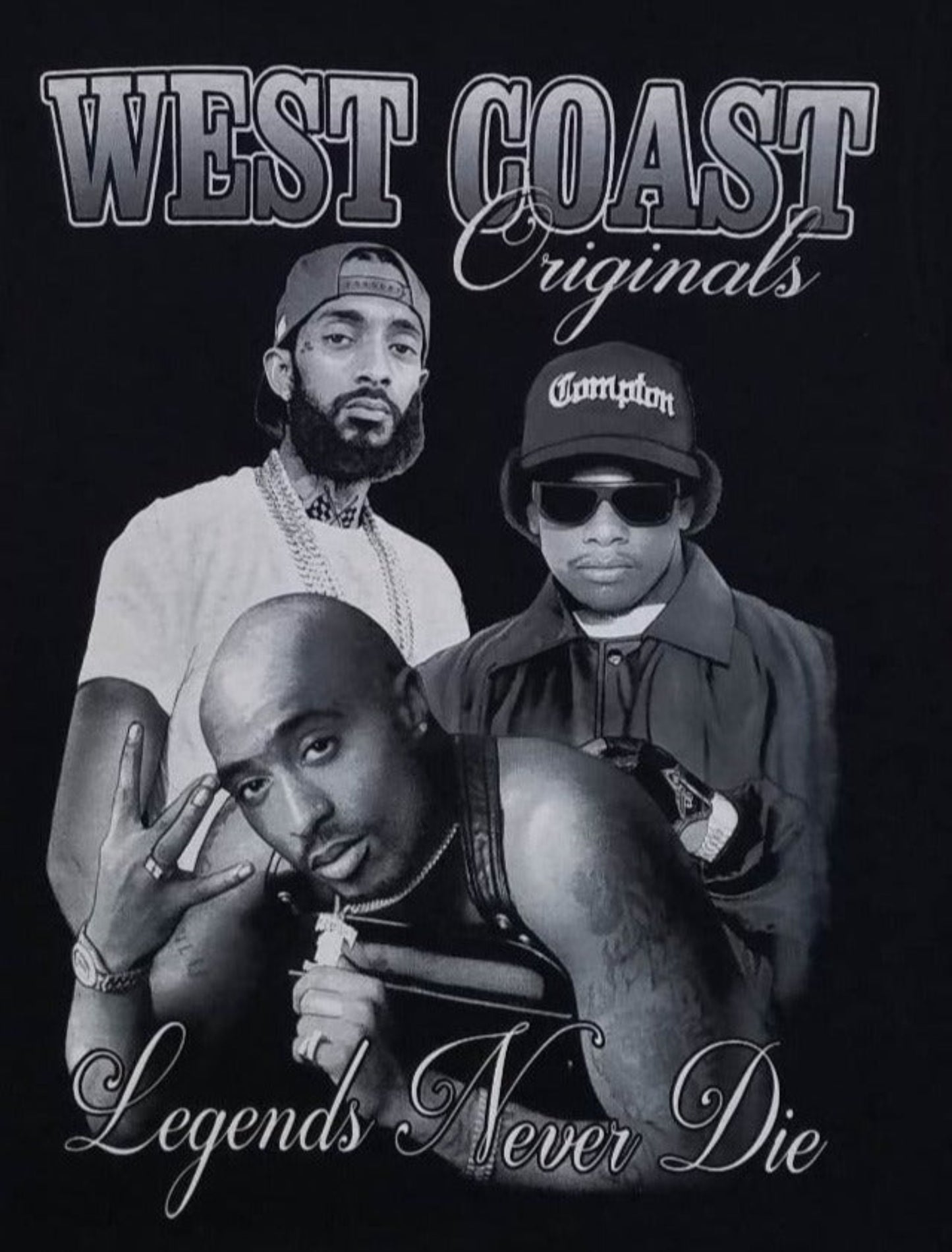 West Coast Legends Tupac Eazy-E Nipsey graphic T-shirt with black and white collage design on black shirt unisex sizes S–3XL