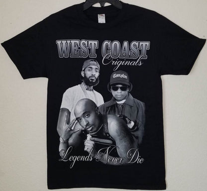 West Coast Legends Tupac Eazy-E Nipsey graphic T-shirt with black and white collage design on black shirt unisex sizes S–3XL
