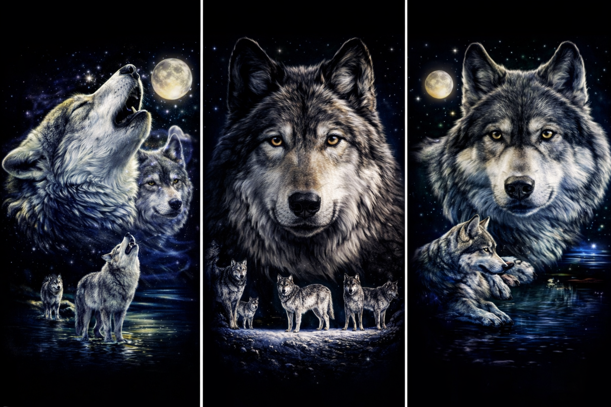 Wolf 3D lenticular poster featuring three moonlit wolf scenes with flip-style motion effect, 16 inch by 12 inch wildlife wall art