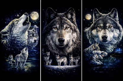 Wolf 3D lenticular poster featuring three moonlit wolf scenes with flip-style motion effect, 16 inch by 12 inch wildlife wall art