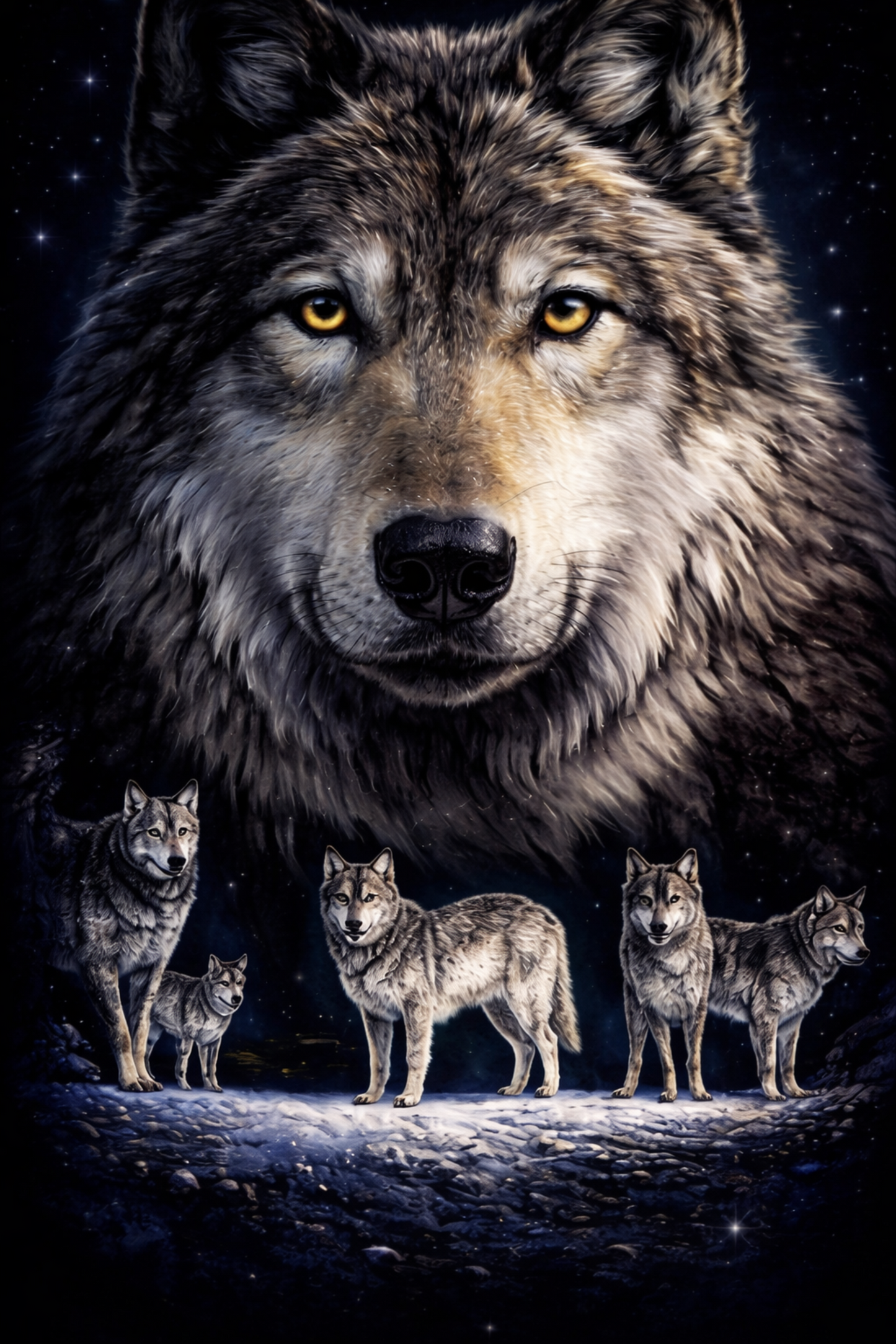 Alpha wolf with piercing eyes surrounded by pack under starry night sky