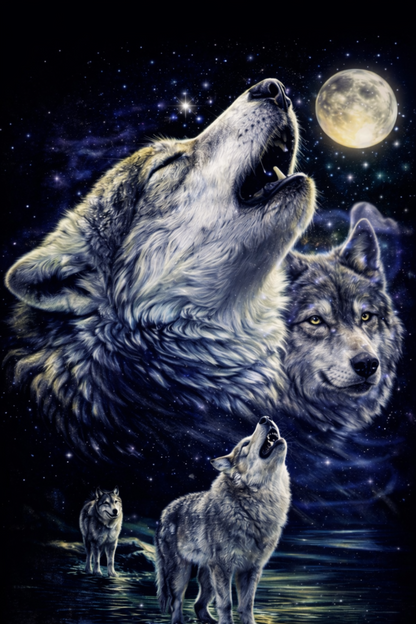 Howling wolf under full moon with pack reflected in water