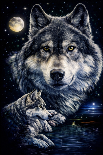 Wolves resting peacefully beside reflective moonlit water scene