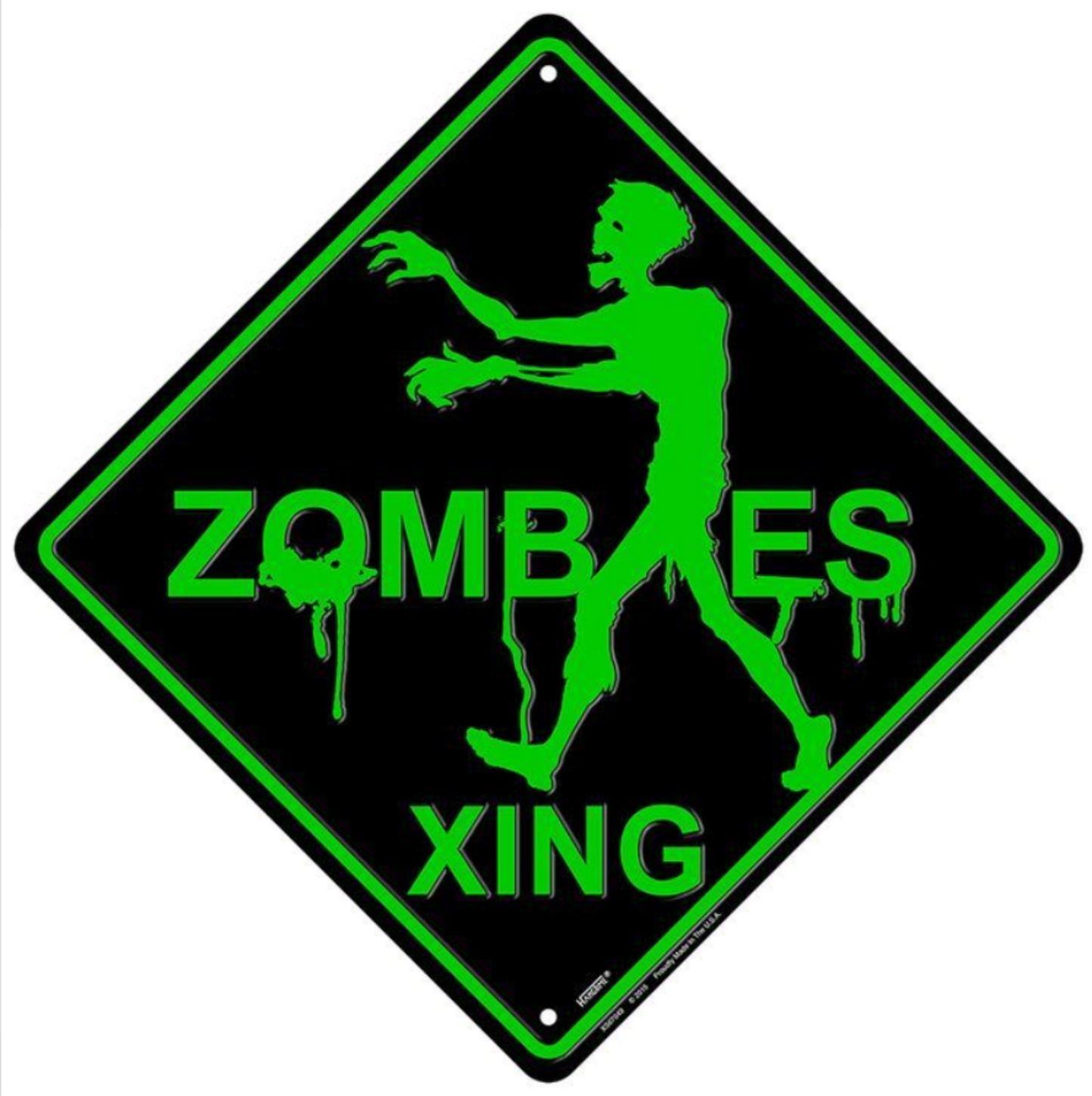 Zombie crossing warning embossed aluminum sign in black and green, 12" Diameter.
