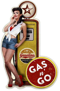 New Vintage Gas N Go Pump Brunette Pinup Girl Wall Décor Sign 12.7 Width x 20Tall shaped signs girl man cave novelty