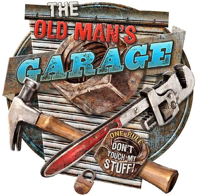 new the old mans garage man cave embossed metal sign 15.75tall x 16.4 wide shaped signs novelty