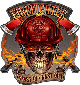 new firefighter first in last out embossed metal sign firefighter 14.25wide x 17tall wall decor shaped sign man cave novelty