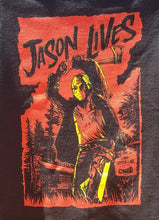 Load image into Gallery viewer, new jason lives youth silkscreen horror t-shirt available in xs-xl youth unisex movie kids jason voorhees girl boy apparel shirts tops
