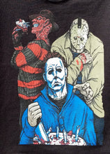 Load image into Gallery viewer, new michael myers freddy krueger jason voorhees youth silkscreen horror t-shirt available in xs-xl youth unisex movie kids girl boy apparel halloween horror shirts tops
