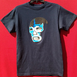 new blue demon side view men silkscreen lucha libre t-shirt mexican wrestling legend apparel available in small-2xl unisex