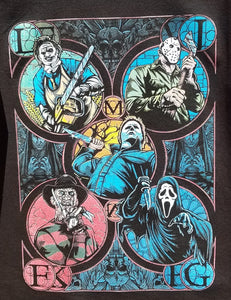 new horror 5 guy slasher team mens silkscreen parody t-shirt available from small-2xl movie michael meyers leatherface jason voorhees horror ghostface freddy krueger apparel adult shirts tops