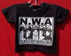 new n w a the worlds most dangerous group infant silkscreen t-shirt available in 6 12 18 24 months yella girl unisex rap music movie boy kids baby mc ren ice cube eazy e dr dre apparel toddler shirts tops