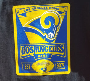 new los angeles rams flag mens silkscreen t-shirt image is on the front of the shirt available from small-3xl sports football rams apparel adult shirts tops