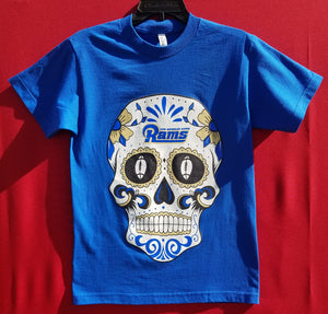 new los angeles rams sugarskull mens silkscreen t-shirt image is on the front of the shirt available in small-3xl t-shirts sports rams men football apparel adult shirts tops