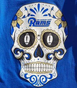 new los angeles rams sugarskull mens silkscreen t-shirt image is on the front of the shirt available in small-3xl t-shirts sports rams men football apparel adult shirts tops