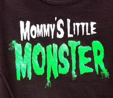 new mommy little monster w green infant silkscreen t-shirt available in 6 12 18 24 months unisex kids infant girl funny boy apparel baby toddler tops