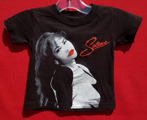 new selena with white writing infant silkscreen t-shirt available in 6 12 18 24 months unisex selena music movie mexican style kids infant girl boy apparel baby toddler tops