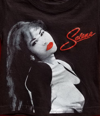 new selena with white writing infant silkscreen t-shirt available in 6 12 18 24 months unisex selena music movie mexican style kids infant girl boy apparel baby toddler tops