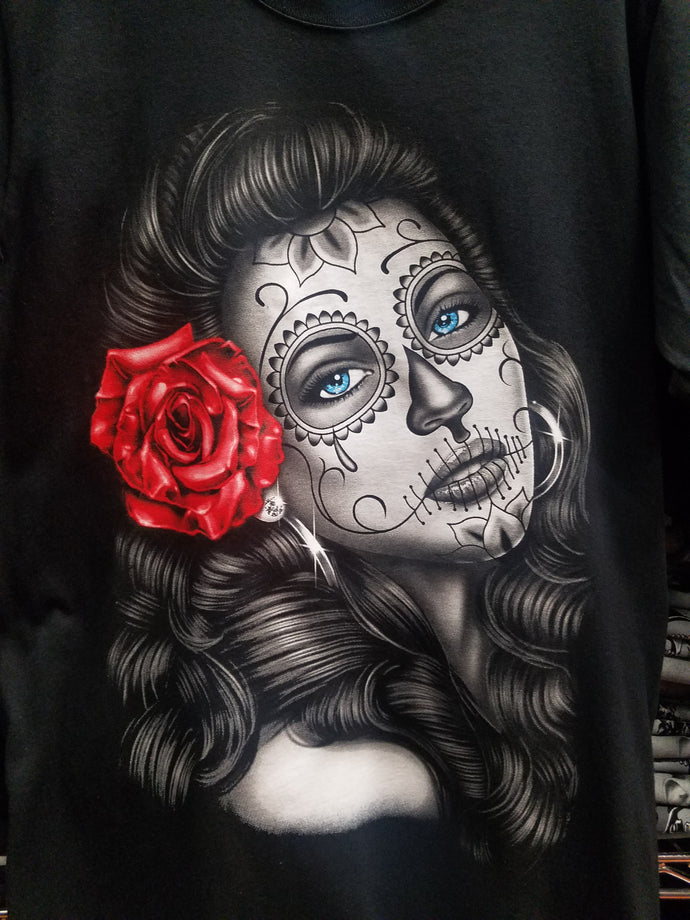 new girl with red rose mens silkscreen t-shirt available from small 3xl women unisex mexican style apparel adult men shirts tops