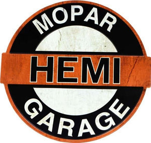 New "Mopar Hemi Garage" Embossed Shaped Metal Sign. 16" Round.