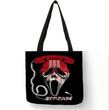 Load image into Gallery viewer, new ghostface scream phone canvas tote bags image is printed on both sides women unisex movies horror men ghostface apparel scream handbags
