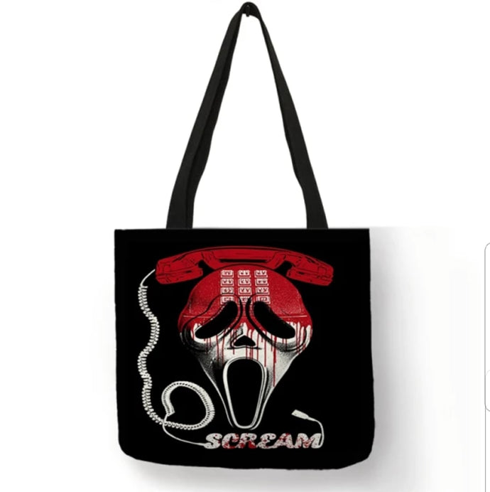 new ghostface scream phone canvas tote bags image is printed on both sides women unisex movies horror men ghostface apparel scream handbags